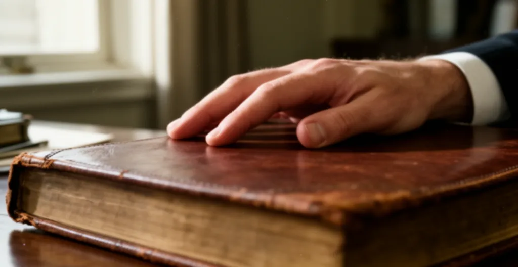 Main posée sur un registre officiel dans une étude notariale